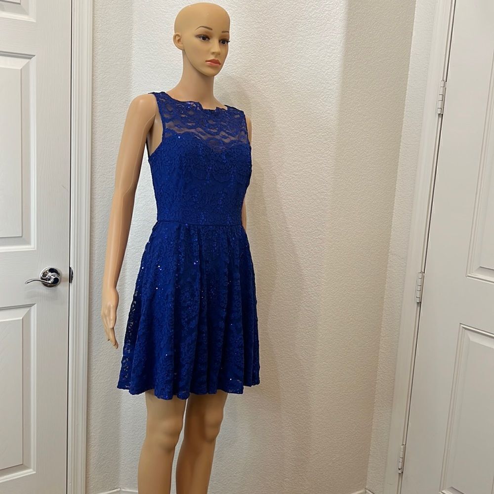 Jump Apparel Cobalt Blue Dress Cutout Lace Sequin Fit & Flare Skater Lined Mini
